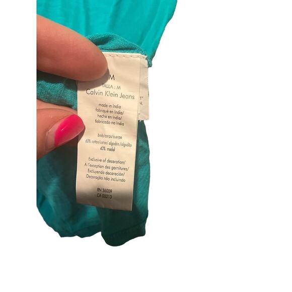 Calvin Klein Sequin Top Women's Medium Teal Cotton V-Neck Short Sleeve Pullover - Picture 3 of 4